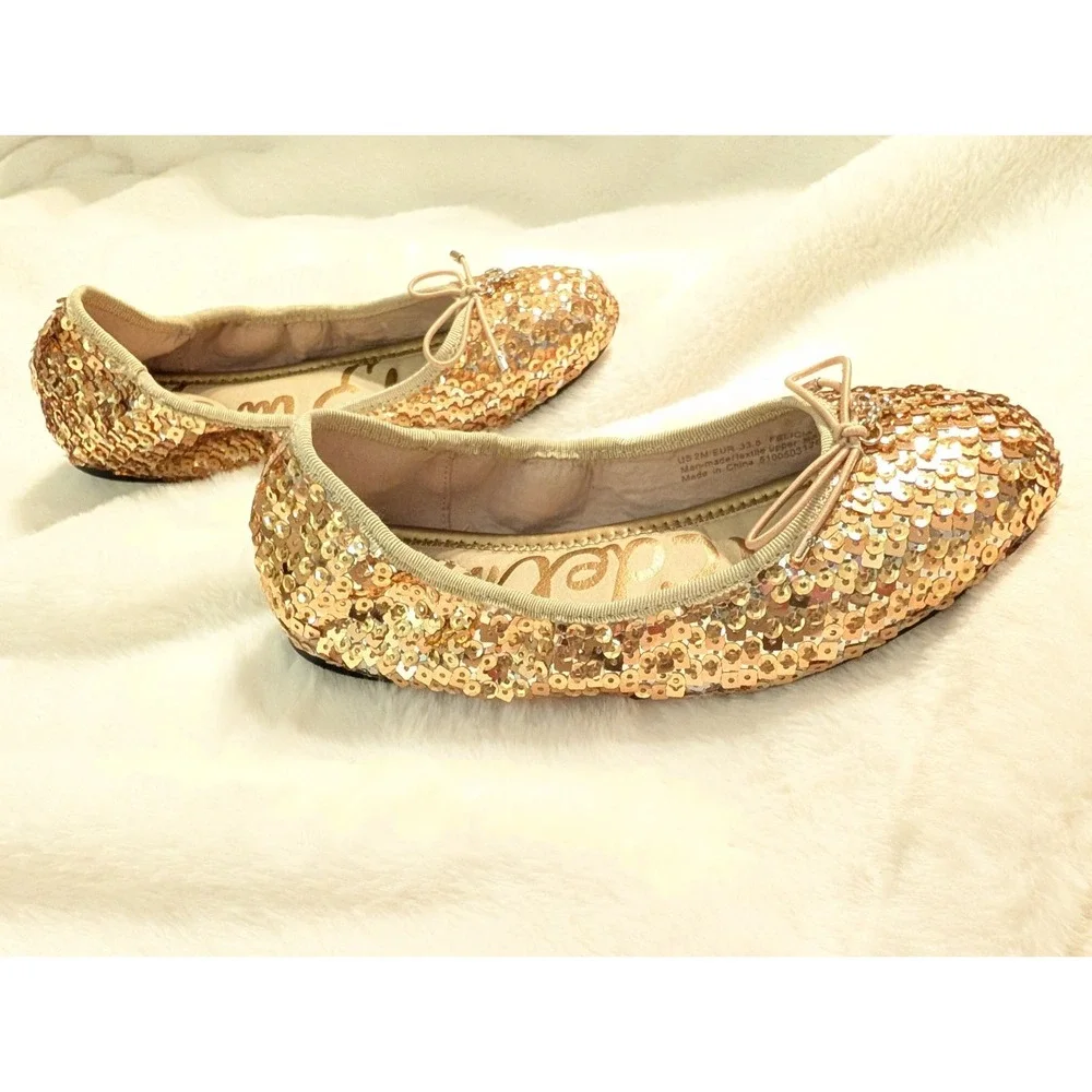 Sam Edelman Gold Sequin Ballet Flats Embellished Bow Sparkle Party Shoes Girls 2